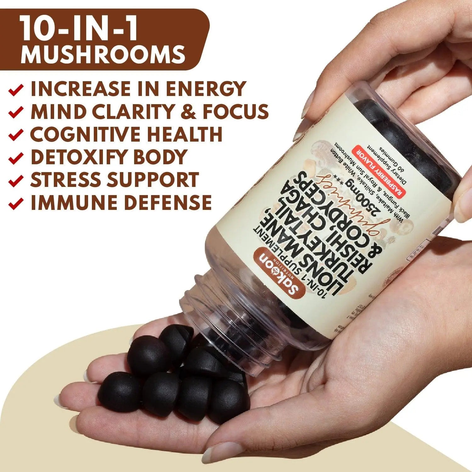 Sakoon Nutrition 10-In-1 Lions Mane Mushroom Complex Gummies for Brain Health and Immune Function - Fitness, Healthcare, Dietary Natural Supplements Natural Wellness Boost
