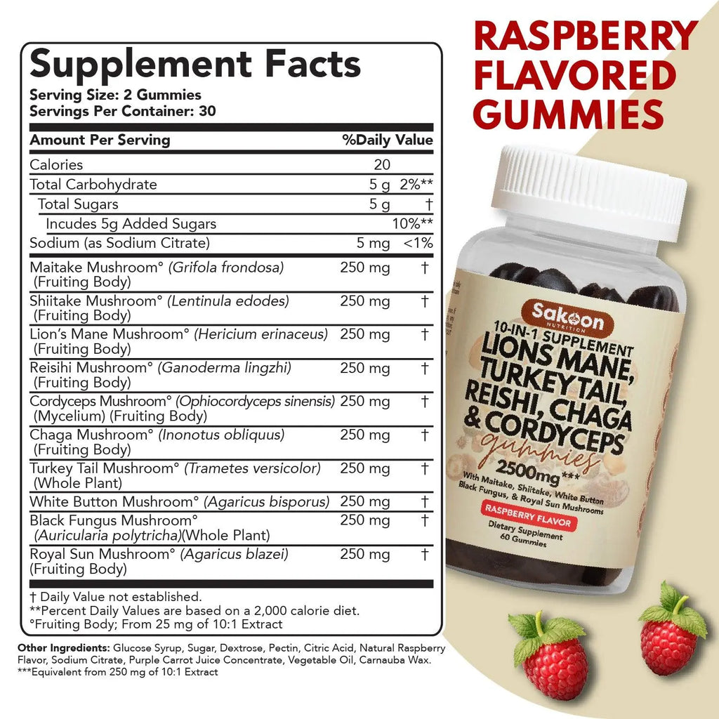 Sakoon Nutrition 10-In-1 Lions Mane Mushroom Complex Gummies for Brain Health and Immune Function - Fitness, Healthcare, Dietary Natural Supplements Natural Wellness Boost