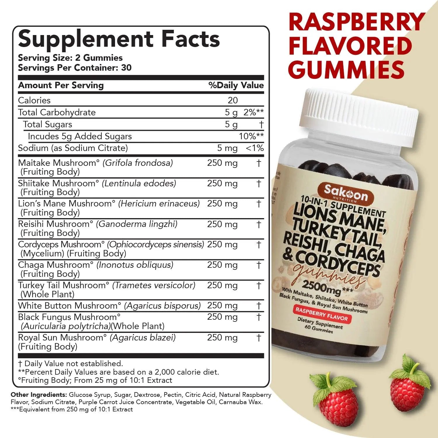 Sakoon Nutrition 10-In-1 Lions Mane Mushroom Complex Gummies for Brain Health and Immune Function - Fitness, Healthcare, Dietary Natural Supplements Natural Wellness Boost