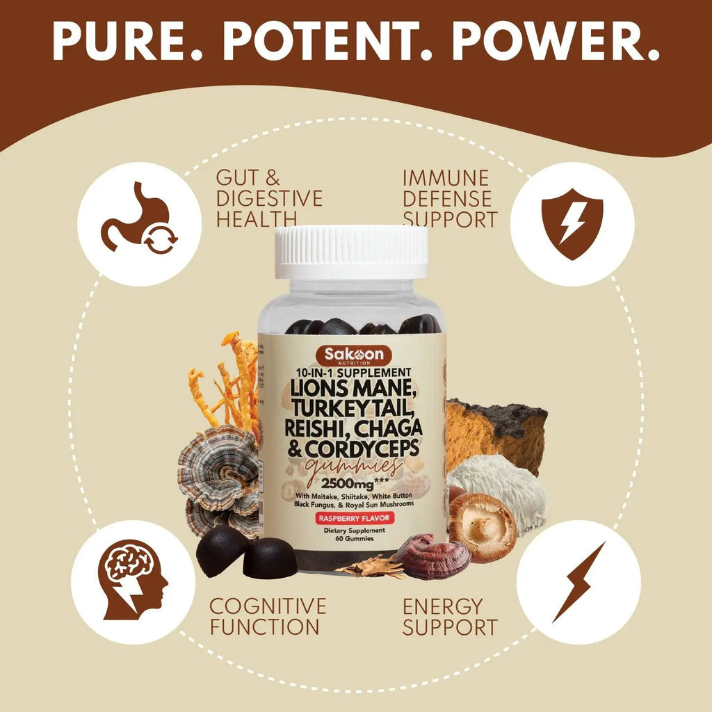 Sakoon Nutrition 10-In-1 Lions Mane Mushroom Complex Gummies for Brain Health and Immune Function - Fitness, Healthcare, Dietary Natural Supplements Natural Wellness Boost